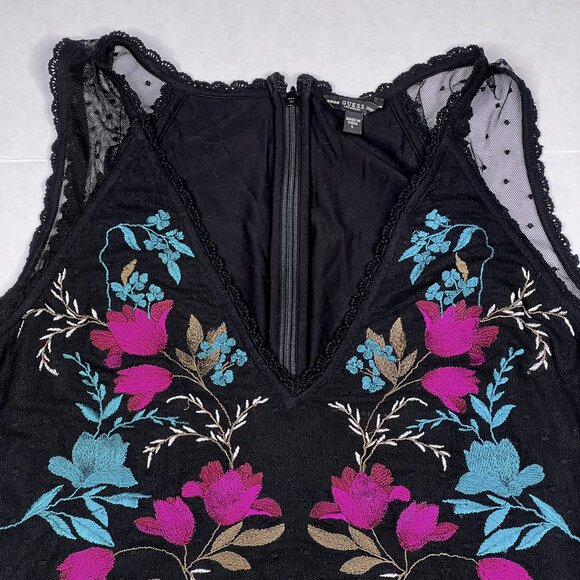 Guess Embroidered Lace Black Pink Teal Olive Floral Bodycon V-Neck Dress Size L - Picture 5 of 10